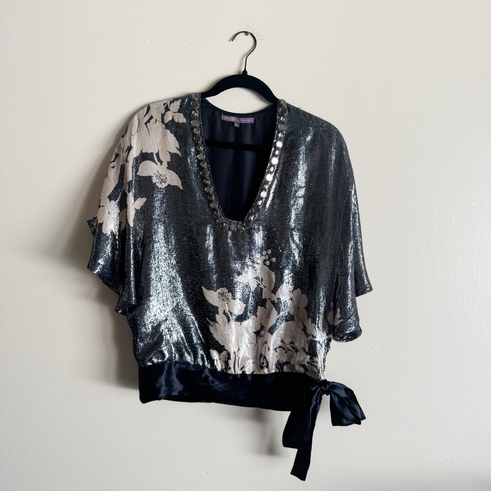 Hale Bob Silver + Cream Metallic Floral Print V Neck Silk Embellished Blouse XS